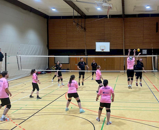 Volleyballspieler in der Halle bei einem Spiel gegen eine andere Mannschaft, der VfL trägt rosafarbene Trikots