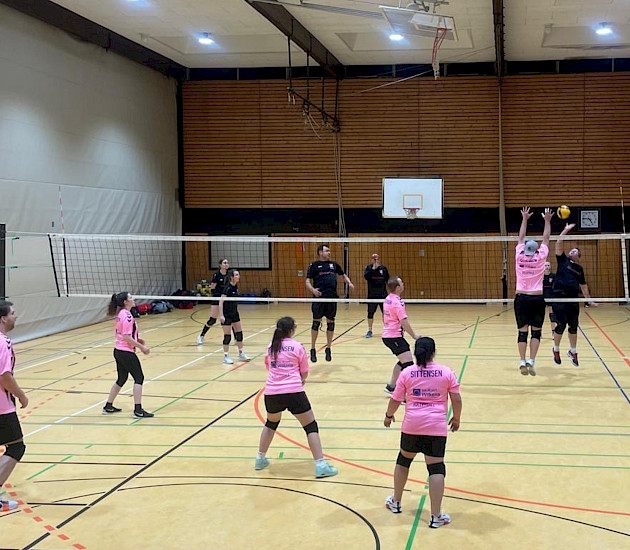 Volleyballspieler in der Halle bei einem Spiel gegen eine andere Mannschaft, der VfL trägt rosafarbene Trikots