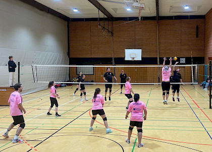 Volleyballspieler in der Halle bei einem Spiel gegen eine andere Mannschaft, der VfL trägt rosafarbene Trikots