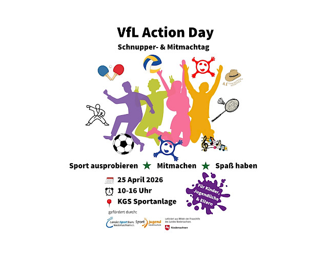 Das Logo des Action Days am 25.4.2026 mit dem VfL Logo und 4 gezeichnete Personen, die springen und zusätzlichem Angaben zur Zeit und zum Ort