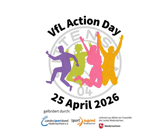 Das Logo des Action Days am 25.4.2026 mit dem VfL Logo und 4 gezeichnete Personen, die spingen