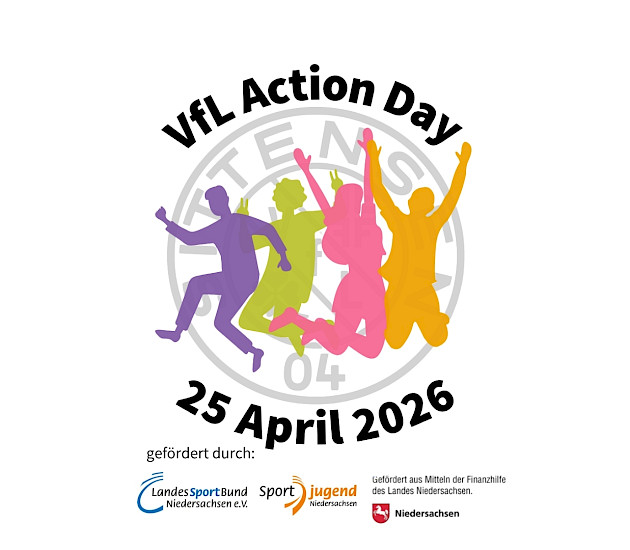 Das Logo des Action Days am 25.4.2026 mit dem VfL Logo und 4 gezeichnete Personen, die spingen