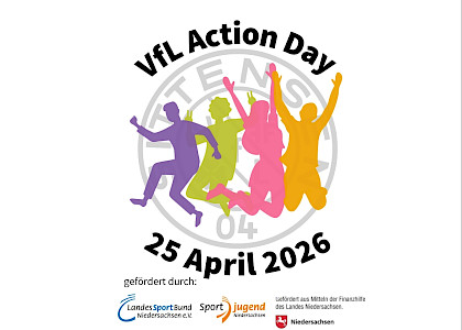 Das Logo des Action Days am 25.4.2026 mit dem VfL Logo und 4 gezeichnete Personen, die spingen